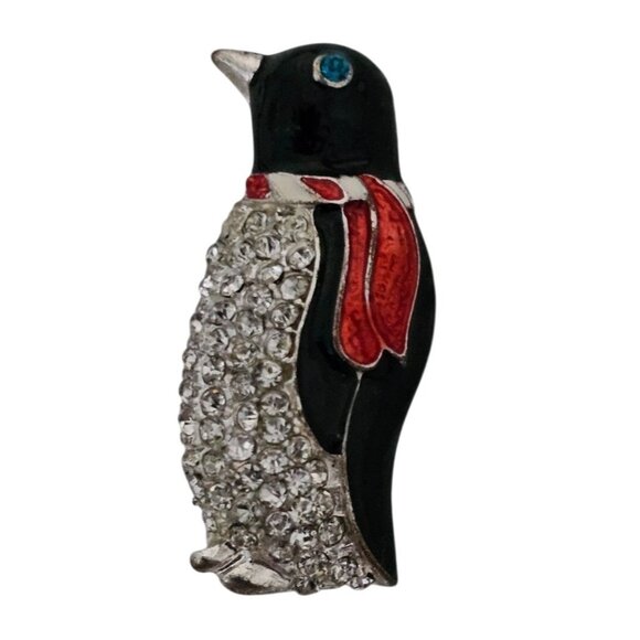 Vintage Penguin 1.75" Rhinestone Brooch Pin With Red Scarf & Blue Eye Bird Lover - Picture 1 of 6